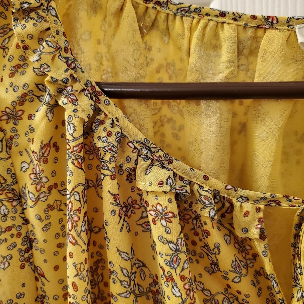Max Studio sz L Gold Mustard Yellow Floral Peasant‎ Boho Top Garden Cottagecore - Picture 7 of 16